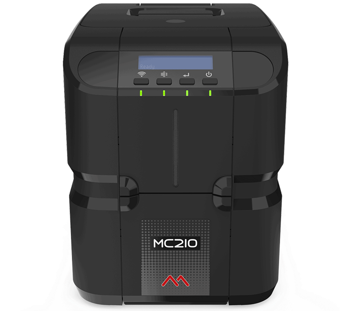 Portable black MC210 printer with a small blue display and four control buttons on top, and status LEDs